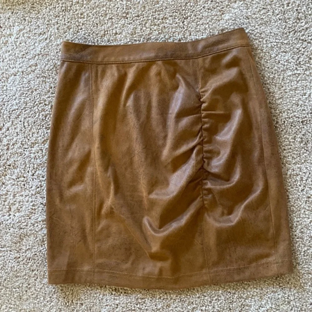 Free People Rumi Ruched Faux Leather Mini Skirt in Camel